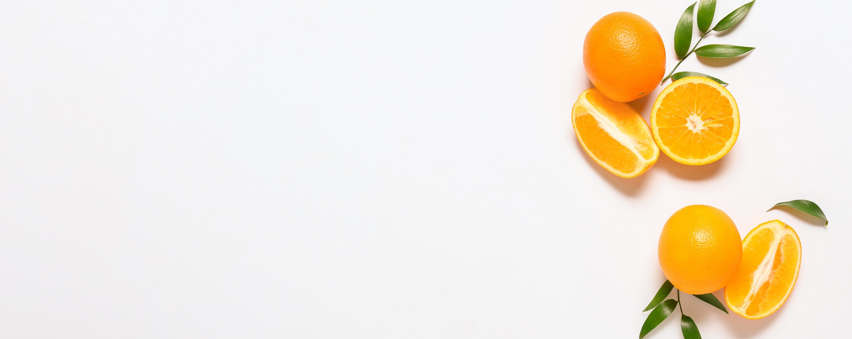 Fresh Oranges on White Background with Space for Text